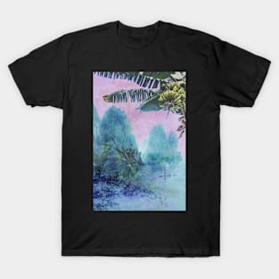 Banana tree &amp; bamboo boat - Pink Sunset Mountainscape T-Shirt